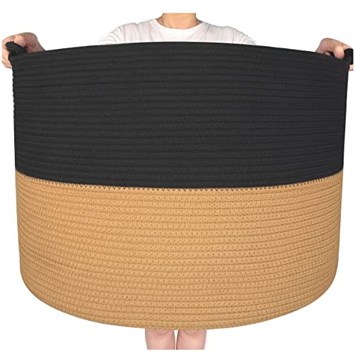 MINTWOOD Design XXXXLarge 22 x 16 Inches Decorative Cotton Rope Basket, Blanket Basket Living Room, Laundry Basket, Toy Storage Baskets Bin, Round Woven Basket for Pillows, Towels, Black Brown
