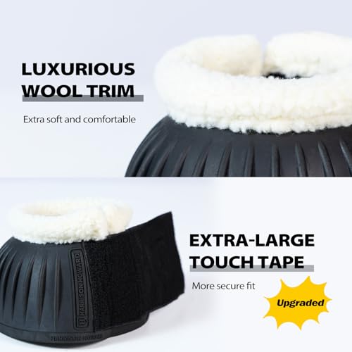 Image of Harrison Howard Rubber Pull-on Bell Boots with Fleece Lining and Extra-Large Leather Touch-Close Tape Hoof Overreach Protection for Horses Sold in Pairs Black L