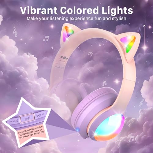 FosPower Kids Bluetooth 5.2 Headphones with LED Cat Ears (85/94dB Safe Volume Limit) Foldable Wireless or Wired Headset with 100hr Play Time and 3.5mm Cable for School/Travel - Light Pink/Light Purple by FosPower - Image 2