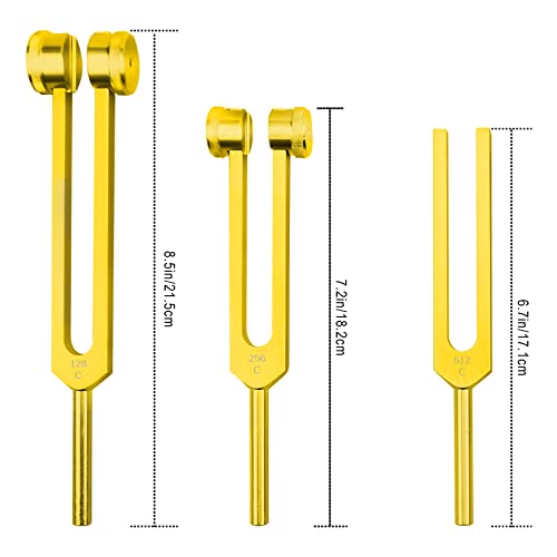 Tuning Fork Set 128Hz 256Hz 512Hz with Reflex Hammer, Gold Aluminum Alloy Tuning Forks for Sound Therapy, Meditation & Yoga, 3 PCS - Thumbnail 4
