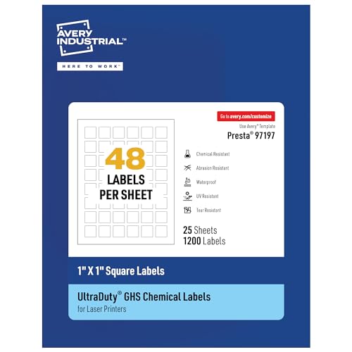 Avery UltraDuty GHS Labels, Waterproof, 1 X 1" White Square Labels , 1200 Total, Use with Laser Printers