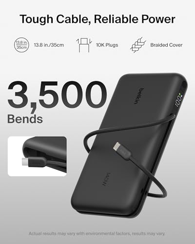 Image of Belkin Portable Charger 25K, Power Bank with Integrated USB C Cable, 158W - Fast Charging Laptop Portable Battery Pack for MacBook Pro 14, iPhone 17 Series, iPad Pro, Galaxy S26, & More - Black