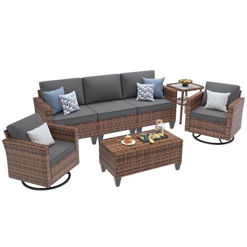 Image of UDPATIO Patio Furniture Set, 5 Pieces Outdoor Conversation Sets with Rocking Swivel Chairs, Wicker Rattan Outdoor Sofa Set with Storage Table and Waterproof Covers for Backyard, Deck, Porch, Grey