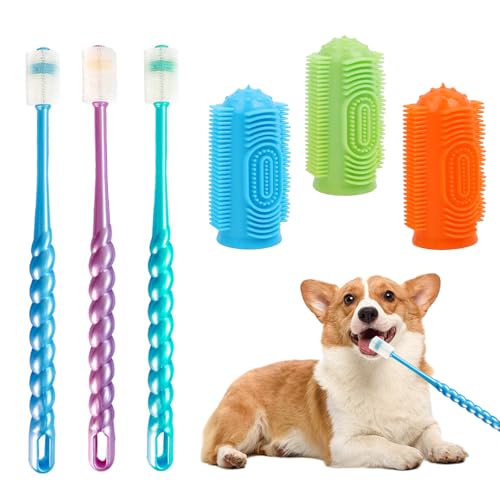6 Stück 360° Drehung Hundezahnbürste Set, Nanoweiches Haar Hunde Zahnbürste, Wiederverwendbar Fingerzahnbürste Hund, Anti-Plaque Hundezahnbürste Fingerling für Haustier Katze, Hunde