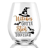 AGMDESIGN Witches Gotta Stick Together Wine Glass, Funny Halloween Witch Wine Glass Gift for Her, Mo