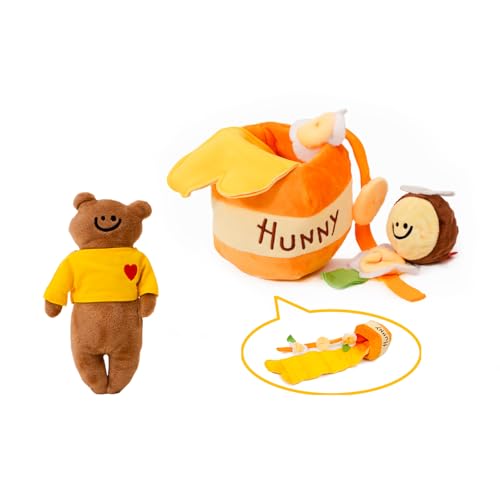 Furry Fables Dog Nosework Toy Set with Treat-Dispensing Honey Jar, Squeaky Bee and Plush Bear, Orange and Yellow