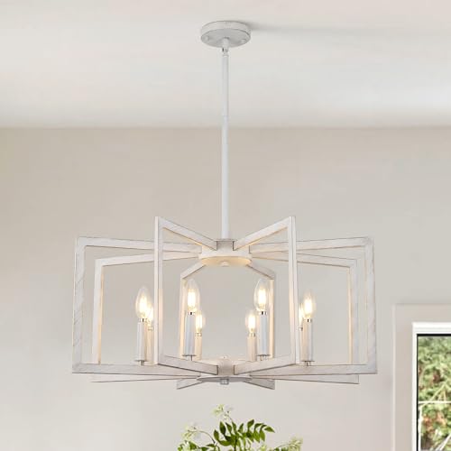Klgxnrd 8-Light Antique White Farmhouse Chandeliers for Dining Room, Large French Country Chandelier, Rustic Iron Cage Hanging Light Fixture for Kitchen Island Foyer Living Room Bedroom Staircase