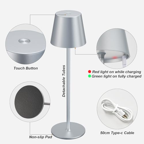 Image of Kakanuo Cordless Table Lamp Rechargeable - Silver Grey 2 Pack 5000mAH Battery Operated Lamp for Counter, 3 Color Stepless Dimming Wireless Lamp for Dining Kitchen, Outdoor Patio, Touch Control