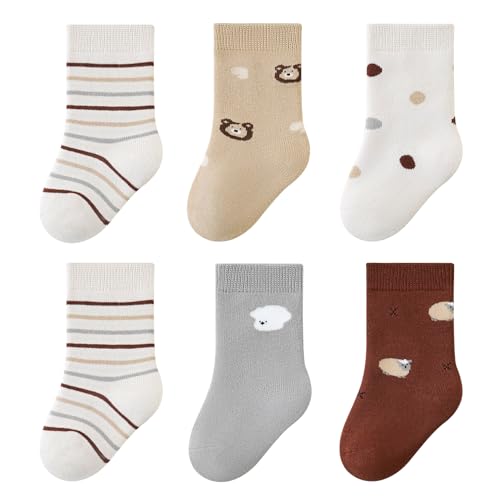Belsmi Thick Baby Socks Kids Ankle Toddler Crew Socks with Grips Long Tube Stocking Warm Thick Cotton Winter Socks (US, Age, 3 Months, 12 Months, Animal Bear Stripes)