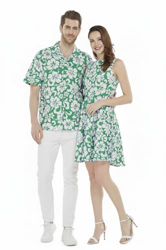 Image of Couple Matching Hawaiian Luau Men Shirt and Women Vintage Fit and Flare Dress in Classic Vintage Hibiscus