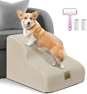 Dog Ramp Stairs 2 Steps for Small Dogs and Cats Beige, Pet Dog Ladder for Sofa Bed, Dogs Cats Ladder Non-Slip Foam with Removable and Washable Plush Cover, Send Lint Roller Set