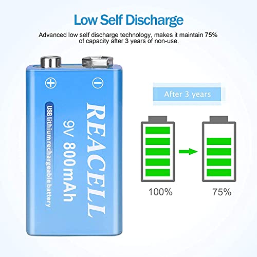 4 Pack Usb Rechargeable 9V Lithium Batteries, Reacell Long Lasting 800Mah / 7200Mwh 9 Volt Rechargeable Battery 1.5 Hours Quick Fully Charge With Led Indicator #TOP1