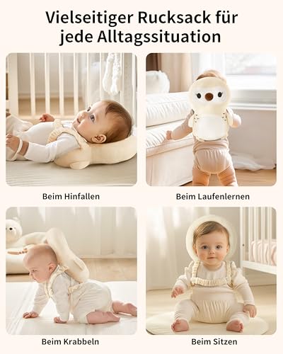 Fortella Baby Kopfschutz Rucksack mit Socken und Knieschonern, Atmungsaktiver Rückenbereich, mit Verstellbarem Trageriemen für 5-24 Monate, zum Krabbeln, Laufen Lernen und Kinderaktivitäten (Eule)