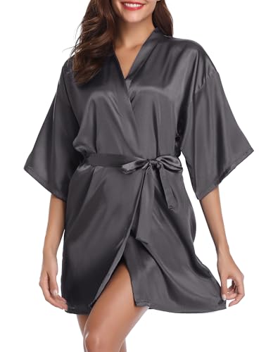 Image of Vlazom Women Kimono Robes Satin Dressing Gown Short Bridal/Bridesmaid Robe Nightwear with Oblique V-Neck Dark Grey, L(UK 12-14)