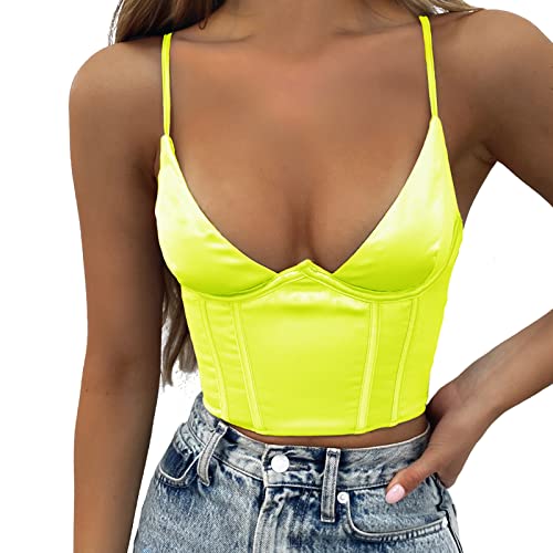 Women’s Corset Tops Bustiers Sleeveless Cami Fishbone Spaghetti Adjustable Straps V Neck Zip Back Slim Tanks Sexy Clubwear Party Crop Top (Small, Yellow) #TOP4