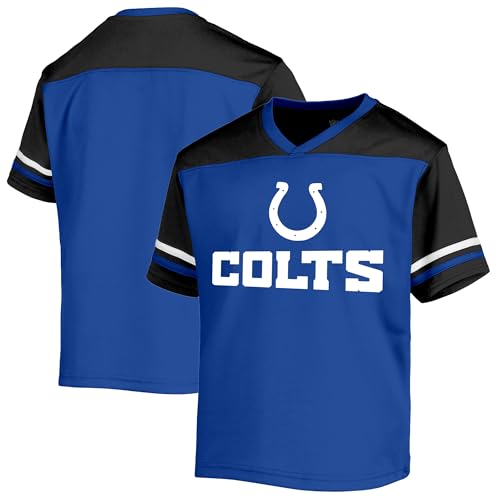 NFL Kids Youth 8-20 Officially Licensed Team Color Wordmark Primary Logo Victory Stripe V-Neck Jersey T-Shirt (Indianapolis Colts Blue, 10-12)