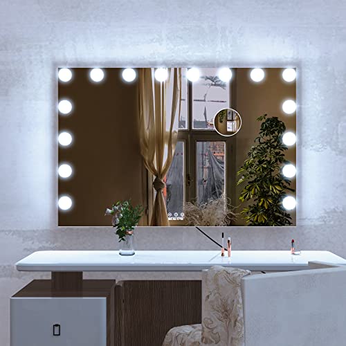 ANYHI Espejo Maquillaje con Luz 91 x 62 cm, Espejo Tocador con 16 Lámparas LED Regulables, Espejo Maquillaje Pared con Lupa 10X y 3 Modos de Luz, Espejo Hollywood de Mesa Grande (Plata) - imagen 8