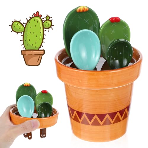 5 Pcs Ceramic Measuring Spoons Set, Cactus Shape Baking Measuring Spoons and Cup Decorative Cactus Figurine Measuring Spoons Set for Baking, Milk, Sugar, Salt, 1/4 tsp, 1/2 tsp, 1 tsp, 1 Tbsp