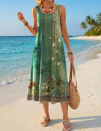 Image of Zeagoo Womens Summer Midi Dresses 2026 Casual Sleeveless Tank Sundresses A Line Crewneck Beach Vacation Dress with Pockets