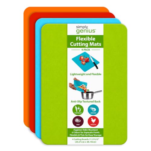 Simply Genius Flexible Cutting Board Set - Color-Coded Plastic Cutting Board Mats - Dishwasher-Safe Chopping Surfaces - Space-Saving Kitchen Mat Storage - 4-Pack Multicolor 11.5 x 15 in