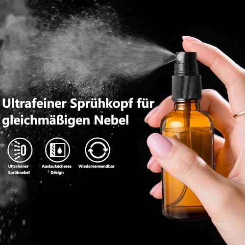 50ml Sprühflasche Braun Glas 6er Set Nachfüllbar mit Pipetten Trichter Etiketten Feinsprühflasche für ätherisches Öl Parfüm Kosmetik Aromatherapie Reise