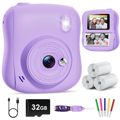 Hangrui Appareil Photo Instantané Enfant, 2,0 Pouces Écran HD Appareil Photo Enfant avec Carte de 32GB & 3 Rouleaux de Papier d'impression,Cadeau Jouet pour...