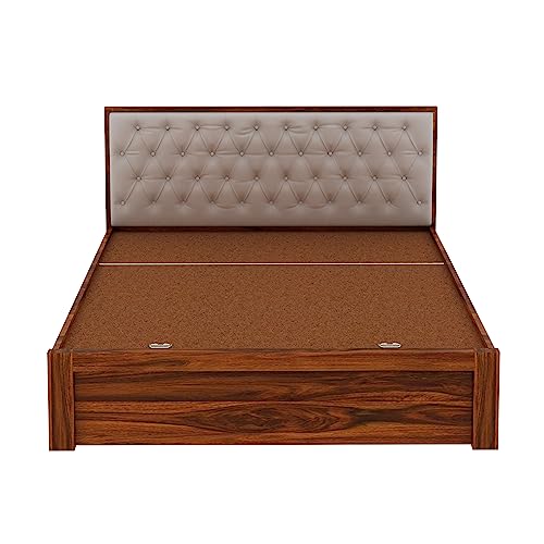 Image of Ganpati Arts Solid Sheesham Wood Decan Queen Size Bed with Hydraulic Storage and Upholstery Headboard (Natural Finish)