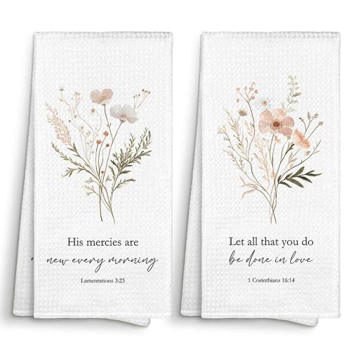 Sviojuce Floral Botanical Christian Bible Verse Kitchen Towels Decorative 16x24 Set of 2, Spring Flower Scripture Dish Towel Cloths Dishcloths Tea Towel, Aesthetic Bathroom Kitchen Hand Towel Decor