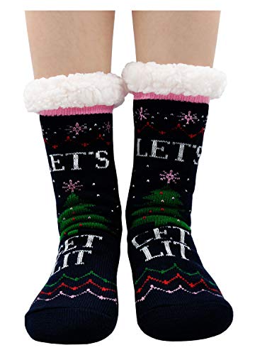 Women Winter Slipper Socks Cute Animal Cozy Warm Fuzzy House Socks with Gripper Christmas Socks (Navy blue tree, Women US Shoes Size 6-10)