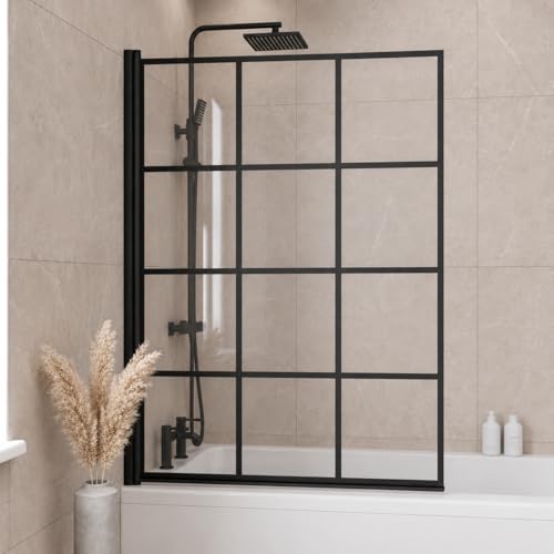 LUXURA 1000 x 1400mm Black Square Grid Over Bath Shower Screen Door 6mm Clear Toughened Safety Glass Panel 180 Pivot Bathroom Hinged Framed Bath Screens