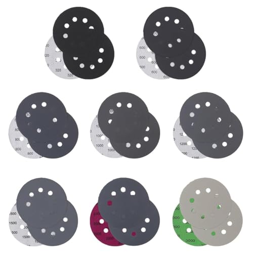 24 Piezas Discos de Lija de 125mm,8 Agujero lijas al agua,Grano 320/600/800/1000/1200/1500/2000/3000,Hook and Loop Papel de Lija Abrasivos Papel de lija de carburo de silicio para Lijadora Excéntrica