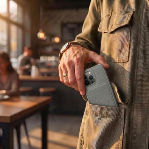 Image of amazon basics Premium Vegan Leather Back Cover with Card Holder and Integrated Mobile Stand for iPhone 14 Pro Max - Slim Shockproof Wallet Case with Geometric Stitching [Gray]