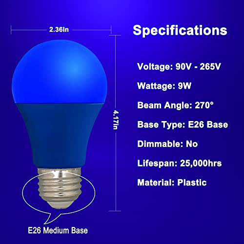 Led Blue Color Light Bulb - A19 E26 Base Blue Bulbs 9W (60W Equivalent), Blue Lightbulbs Perfect For Outdoor Porch, Christmas Decoration, Party Decoration, Holiday Lighting, Halloween Decor, 4 Pack #TOP1