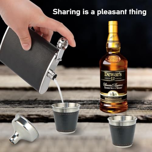 Image of GBEXHip Flask Gift Set with Black Leather Cover,8 Oz Leak Proof 18 /8 Stainless Steel Flask for Liquor with 2 Cups & Funnel, Flasks for Liquor for Men Gift Box