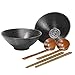 2 Stück (6-teilige) Porzellan Ramen Schüssel Set, 1032 ml Japanische Suppe Schale mit Löffel und Essstäbchen, Mikrowellen und Spülmaschinen Sicher, für Udon Asian Nudeln, Schwarz (20cm)