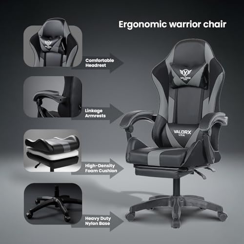 Image of Warrior Gaming & Office Ergonomic Chair | Vegan Leather | High Back 135 Recliner | Adjustable Height & Linkage Armrest | Lumbar Support | 360 Swivel | 3 Year Warranty (Grey)