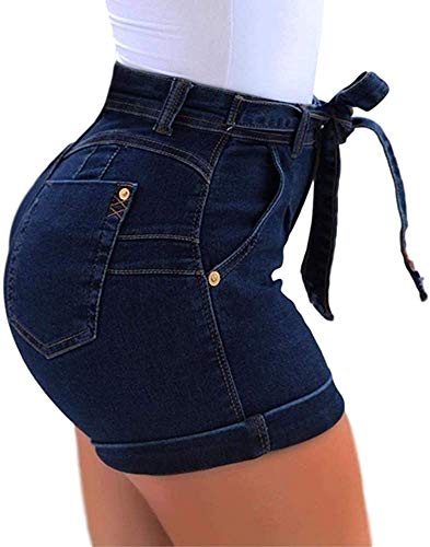 Lailezou Women's mid-Waist Denim Belt Washed Denim Shorts Slim fit Casual Classic Shorts Jeans Summer Sexy Denim Shorts