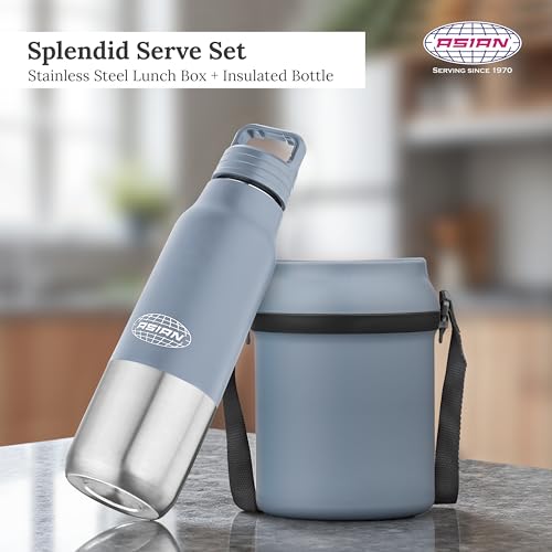 Image of ASIAN Stainless Steel Lunch Box (700ml) & Insulated Water Bottle (500ml) Combo Gift Set | Leakproof Steel Tiffin & Flask for Kids | BPA Free Back to School Essential Kit (Blue)