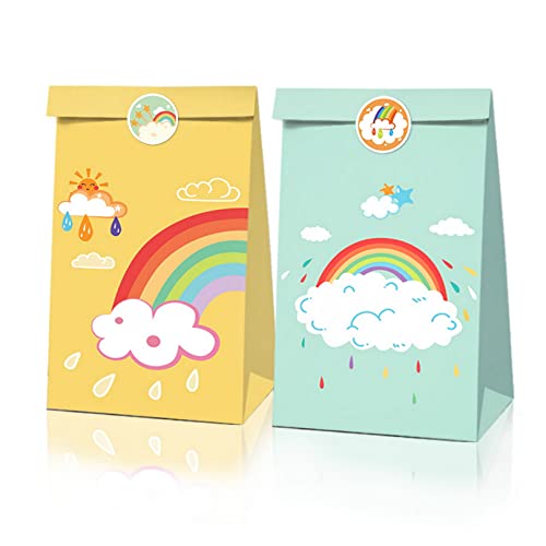 12Pcs Rainbow Party Favor Paper Bags, Cloud Goodie Treat Sacs Couleur Rainbow Bag Birthday Party Cookie Bags Kraft Paper with Stickers Rainbow Themed Party Supplies, Give Away Bags Cover