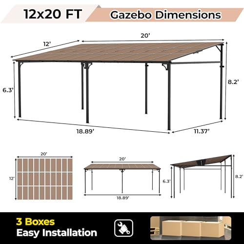 12' x 20' Gazebo for Patio, Large Wall Mounted Gazebos Pergola with Metal Frame, Hard Top Lean to Pergola, Outdoor Patio Lean to Metal Awnings Gazebos for Deck, Porch, Backyard - Image 2