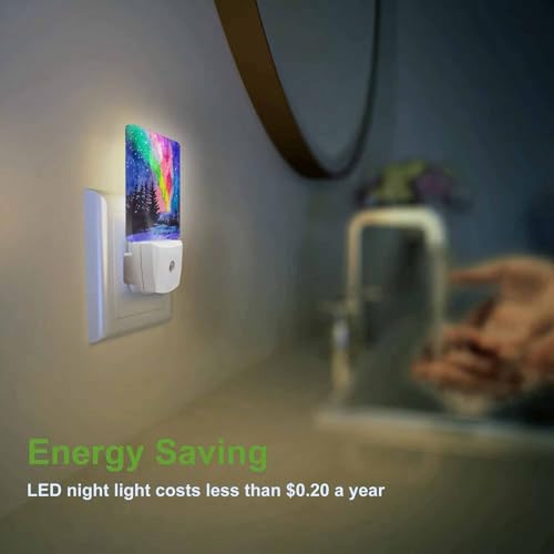 Image of LED Night Light,Winter Forest Northern Lights Snow Landscape LED Night Light Plug into Wall with Dusk to Dawn Light Sensor White Energy Efficient Nightlight for Bedroom Hallway Kitchen