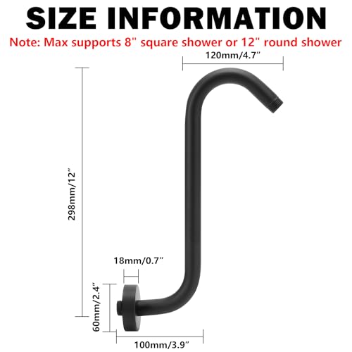 Image of NearMoon S Shaped Shower Head Riser Arm, Shower Extender Arm with Flange, Standard 1 /2 inch Connection- Bathroom Accessory (12 Inch, Matte Black)