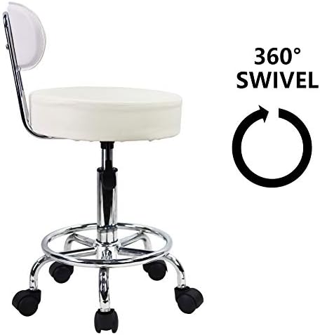 KKTONER PU Leather Rolling Stool Mid-Back with Footrest Height Adjustable Office Computer Home Drafting Swivel Task Chair with Wheels (White)