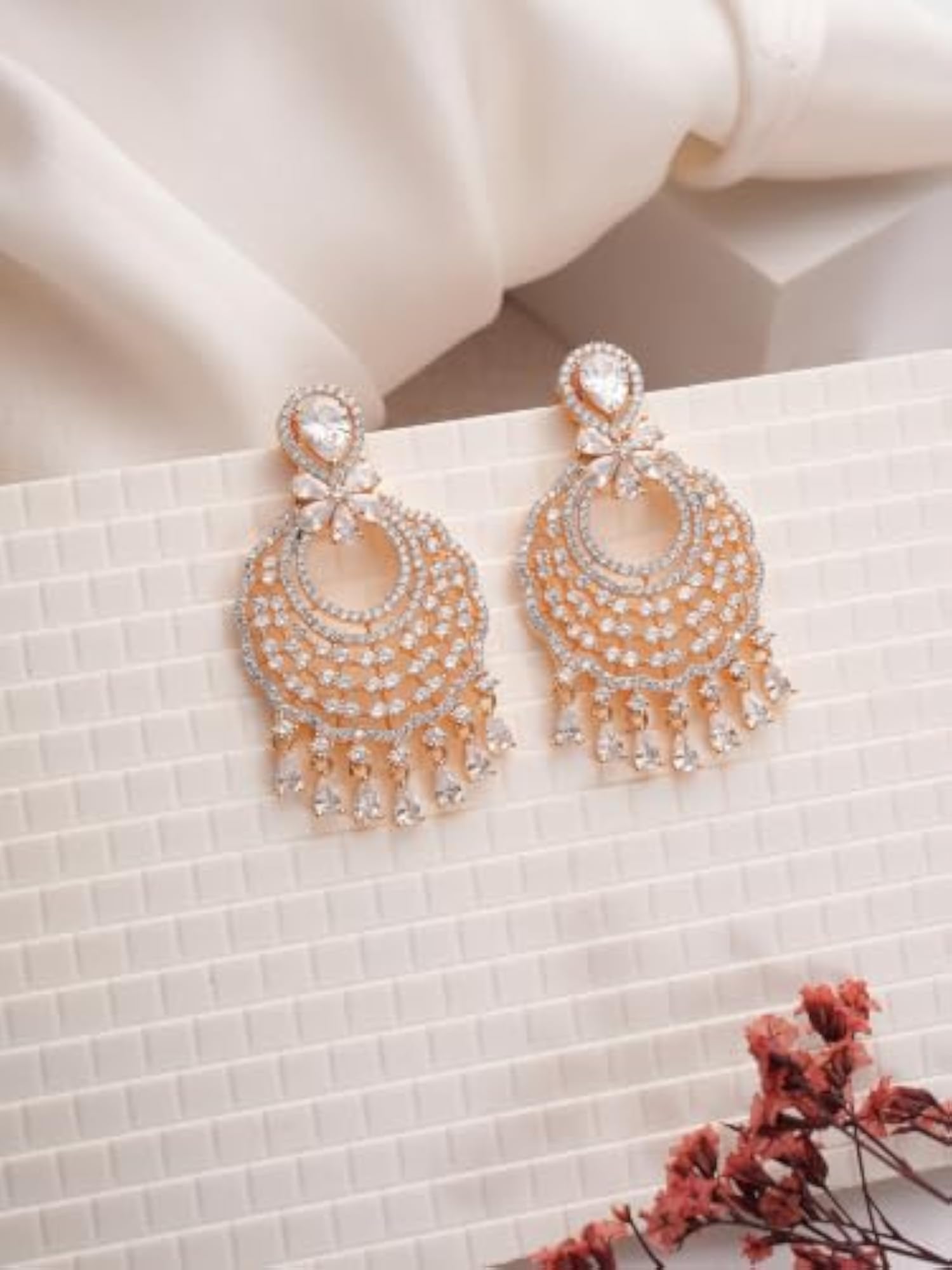 Women's Rose Gold Plated American Diamond Statement Chandbali Earrings
