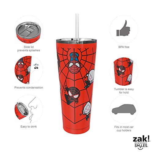 Image of Zak Designs Marvel Spider-Man Vacuum Insulated Stainless Steel Travel Tumbler with Splash-Proof Lid, Includes Reusable Plastic Straw and Fits in Car Cup Holders (18 /8 SS, 25 oz, Non-BPA)