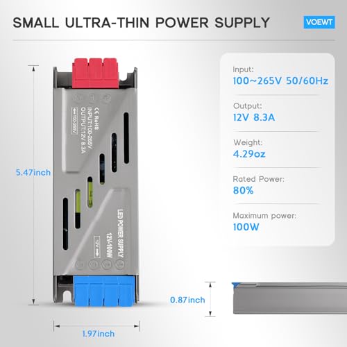 Image of LED Driver 100 Watts Power Supply 100V-265V AC to 12V DC Converter,Quiet and Small Transformer Low Voltage Output for Strip Light,Lamp