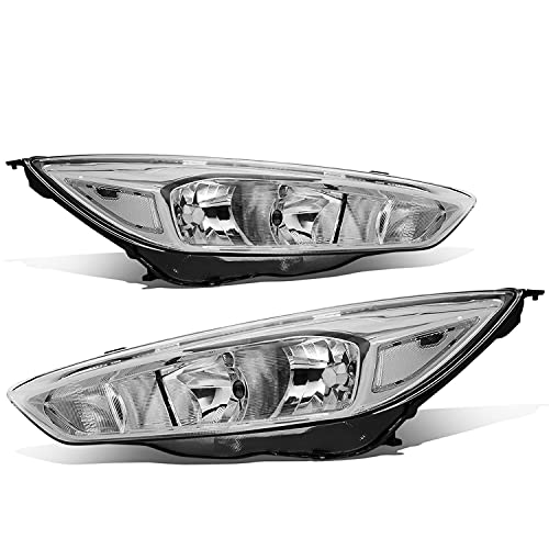 Pair of Chrome Housing Clear Corner Headlight Assembly Lamps Compatible with Ford Focus 3rd Gen 15-18