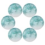 Juego de 6 manteles individuales redondos de Navidad, color plateado, invierno, verde azulado, turquesa, copos de nieve, para mesa de cocina, manteles individuales lavables