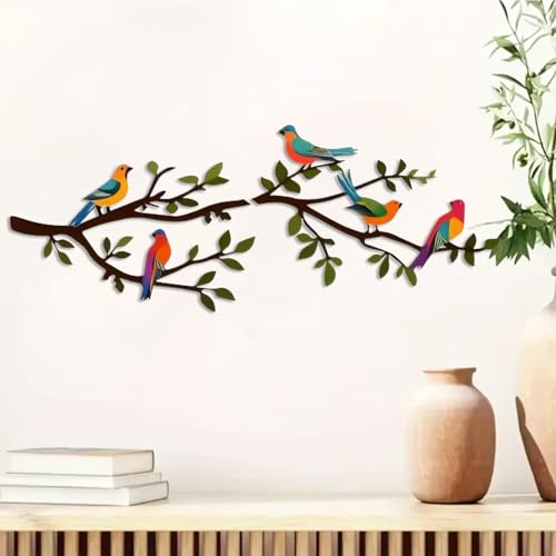 DUOOLN Metal Birds Wall Decor Art, Iron Vivid Birds on Branch Silhouette Signs, Leaves with Bird Outdoor Hanging Wall Sculpture for Living Room Bedroom Feature Wall (Colorful, 27.5 * 10.6in)