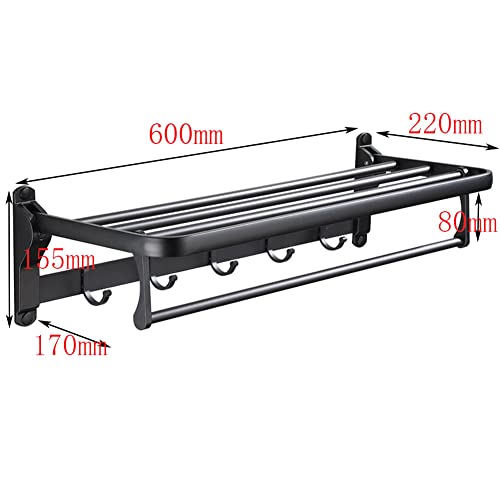 Hoopever 24 Inch Foldable Towel Rack For Bathroom With Hooks Towel Bar, Adjustable Bathroom Lavatory Towel Shelf Wall Mounted, Space Aluminum, Black #TOP1